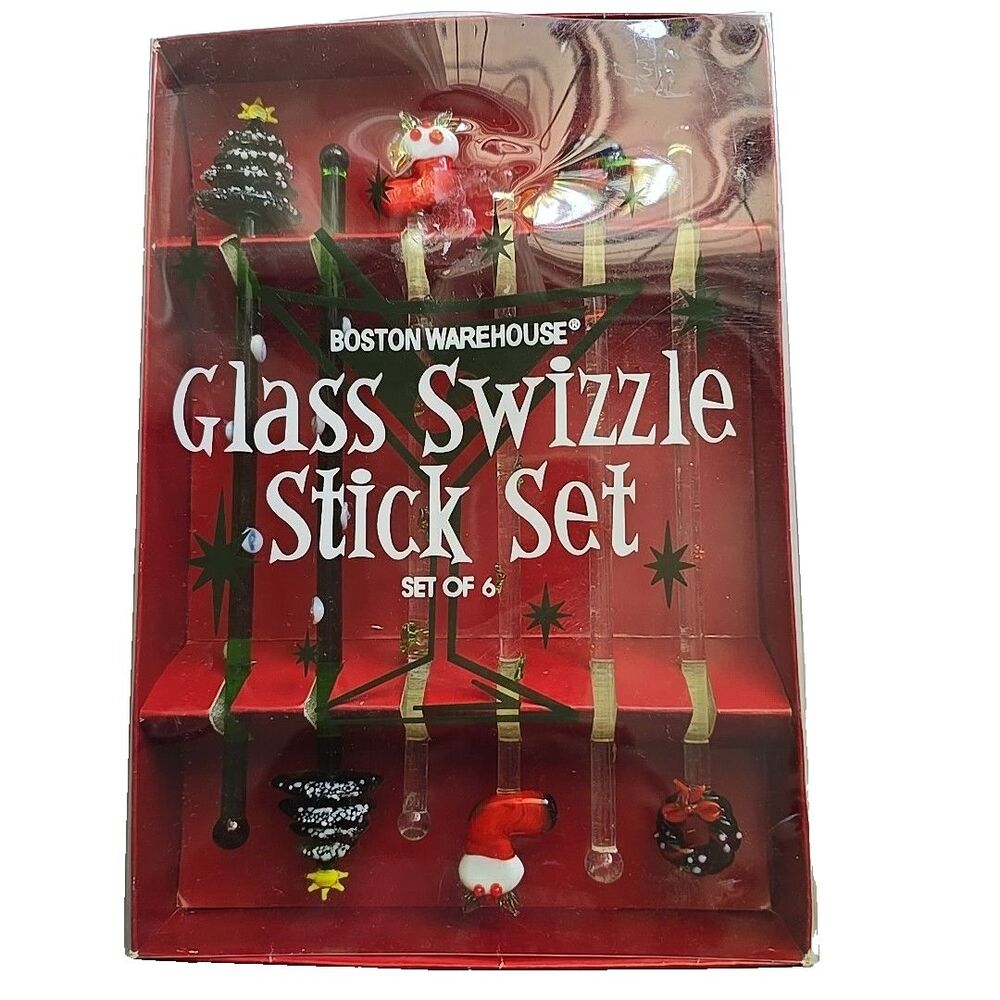Boston Warehouse Christmas Hand Blown Glass Swizzle Stick Set Of 6 EUC Unused
